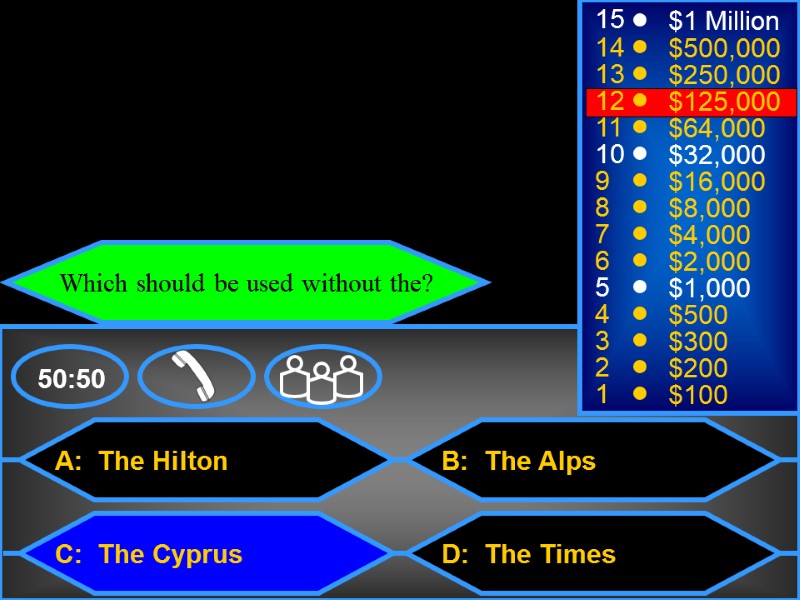 A:  The Hilton C:  The Cyprus B:  The Alps D: 